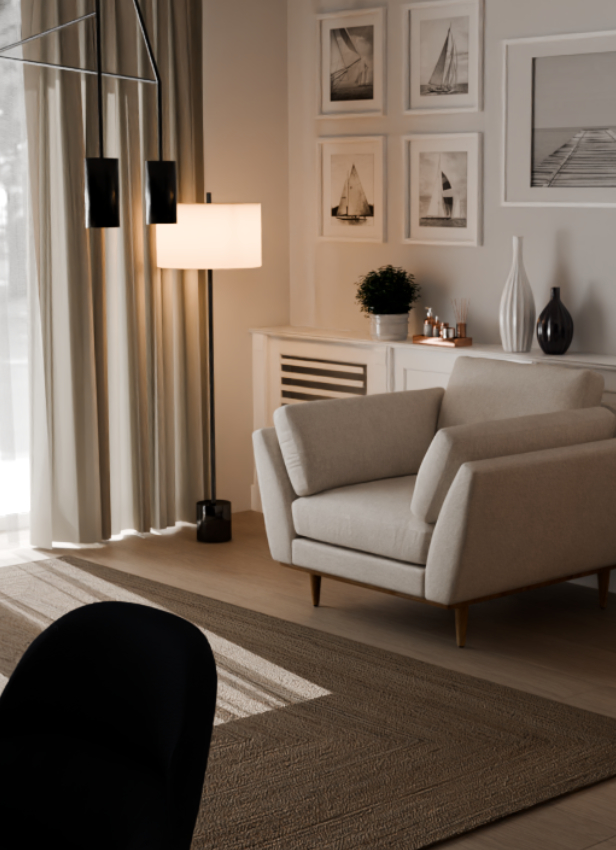 Photorealistic interior render — living room